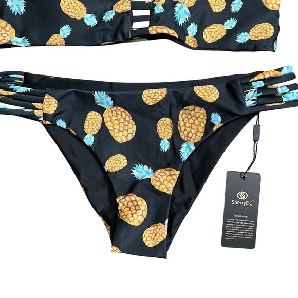 Sherry DC 2 Piece Bikini SMALL Black Pineapple Beach Hipster Strappy Halter NEW - Picture 5 of 8
